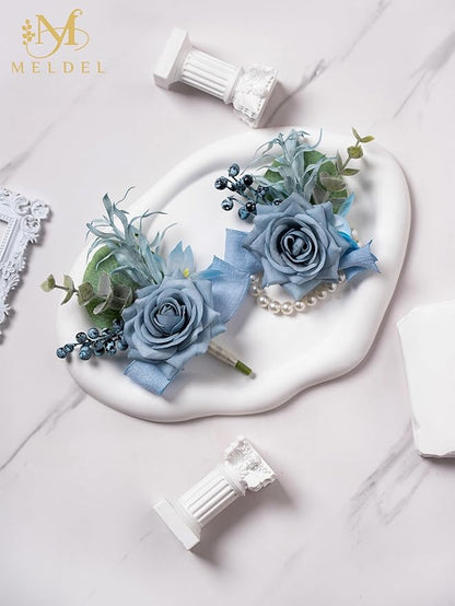 Meldel Dusty Blue Corsage and Boutonniere Set, Rose Boutonniere for Men, Prom Flower Wrist Corsage Bracelets, Homecoming Corsages Wristlet, Men Boutonnieres for Wedding Flowers Accessories Prom Suit