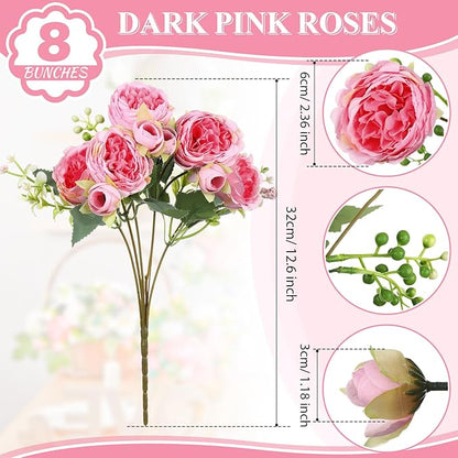 Crowye 8 Bundles Artificial Peonies Realistic Flowers with Stems Bouquet Peonies for Table Centerpieces Wedding Decoration Bridal Floral Arrangement (Dark Pink)