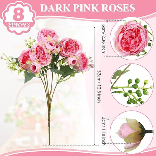 Crowye 8 Bundles Artificial Peonies Realistic Flowers with Stems Bouquet Peonies for Table Centerpieces Wedding Decoration Bridal Floral Arrangement (Dark Pink)