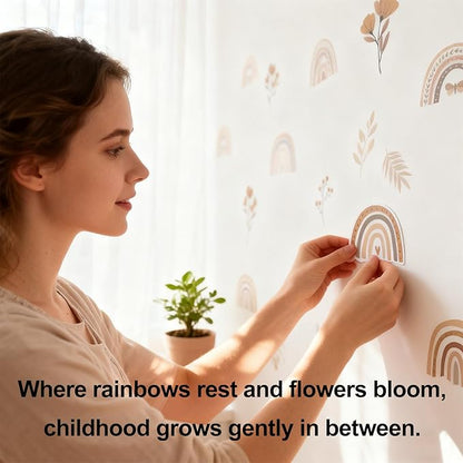 YouRfocus Boho Rainbow Floral Wall Decals for Nursery & Kids Room – Set of 48 Removable Peel and Stick Wall Stickers, Neutral Boho Home Decor (6 Sheets)