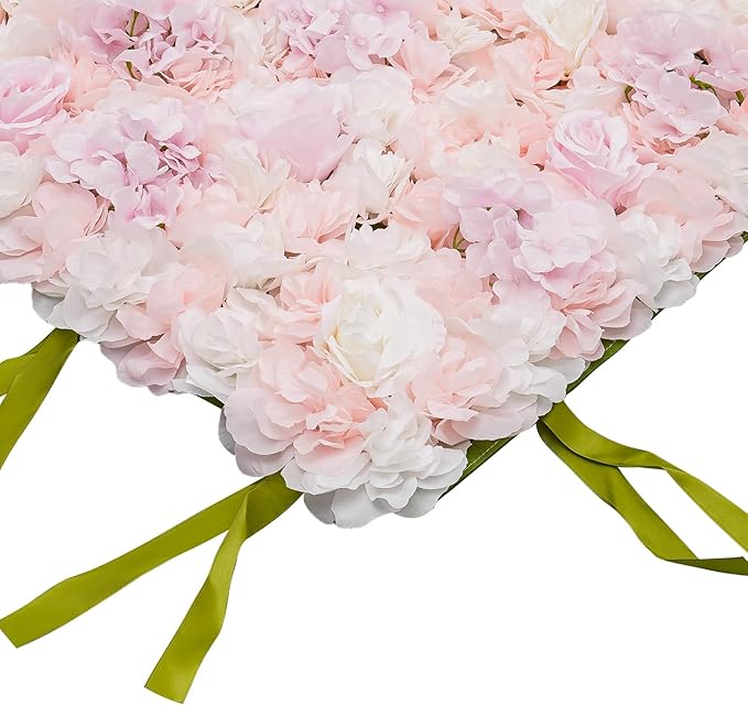 CNCEST Artificial Flower Wall Panels, Flower Wall Mat Silk Rose Flower Panels, Artificial Flower Wall Background (Green+White+Pink)