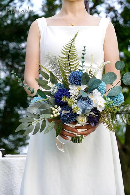 Artificial Wedding Dahlia Flowers 25 pcs Fake Roses with Stem for DIY Wedding Decor Centerpieces Arrangements Bouquets (Shades of Navy Blue)