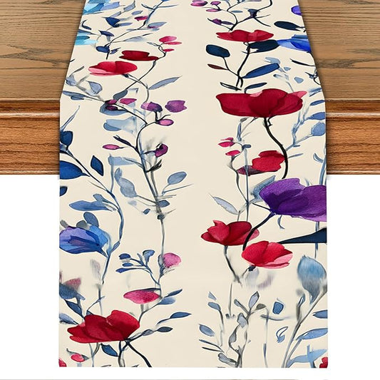 Elegant Watercolor Floral Table Runner – 13x72 Inch Linen-Look Fabric with Red, Blue & Purple Blooms on Beige Background, Perfect for Dining Room, Kitchen & Home Decor