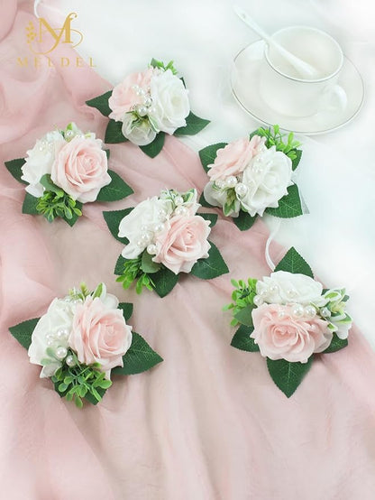Meldel Pink&White Boutonniere for Men Wedding, Set of 6,Elegant Pearls Rose Boutonniere for Groom Groomsman Prom,Homecoming,Anniversary,Party,Prom Flowers and Vintage Wedding