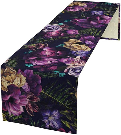 Gothic Flower Table Runner, Watercolor Vintage Dark Purple Floral Romantic Flower Blooming Table Runner for Home Kitchen Dining Table Decor, 13x108inch