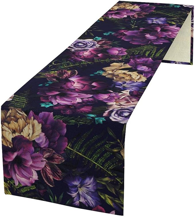 Gothic Flower Table Runner, Watercolor Vintage Dark Purple Floral Romantic Flower Blooming Table Runner for Home Kitchen Dining Table Decor, 13x70inch