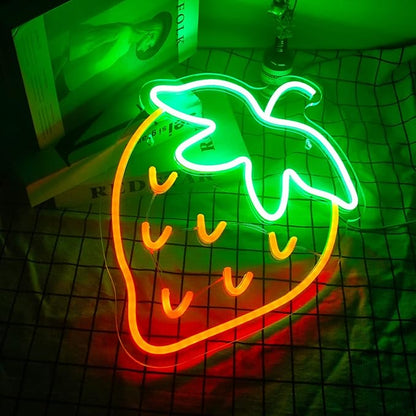 Strawberry Neon Sign Red Green Strawberry Led Sign Fruit Shape Neon Light for Bedroom Wall Decor, Bar, Fruit Shop, Restaurant (15 * 13 inch)