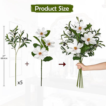 Briful Faux Greenery Stems 27in Artificial Olive Branches with Magnolia Flowers Spray Mixed Floral Greenery Bouquet for Home Vase Table Centerpiece Wedding Decoration
