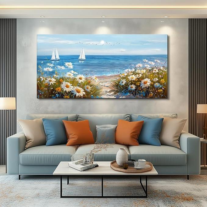 PHAOHUAXM Large Blue Ocean Landscape Canvas Printing Picture Wall Art For Living Room Farmhouse Dinin Mural White Flowers Bedroom Office Wall Decor Home Decor Painting Easy To Hang 30x60 Inches