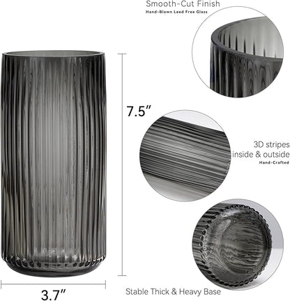 Flower Vase 7.5 inch Grey Thickened Hand Blow Glass Vase Round Vintage Striped Bottles for Bookshelf,Dinner Table,Indoor Office Desktop,Meeting Room,Bathroom,Countertop,Home