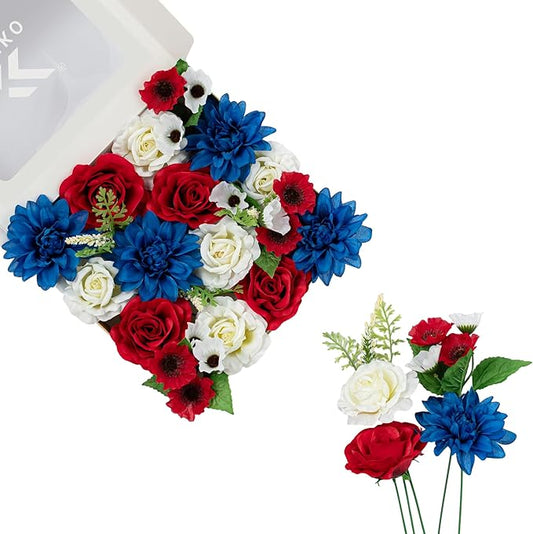 FANKO Artificial Flower Memorial Day Flowers, Mixed Red Blue White Silk Flowers Bouquet Fake Rose Blue Dahlia for Veterans Day Independence Day Grave Patriotic Decor