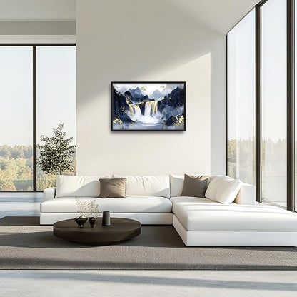 Extra Large Abstract Golden Waterfall Framed Wall Art for Living Room,Oversized Foggy Mountain Pictures Wall Decor,Canvas Print Painting Modern Artwork Bedroom Office Bathroom 36L x 24W