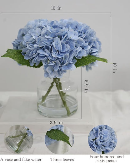 Lifelike Artificial Hydrangea Arrangement in Decorative Vase - Real Touch Fake Flowers for Home, Office, Bathroom or Water Bar Decor, Elegant Table Centerpiece (No Water Needed) (Linght Blue)