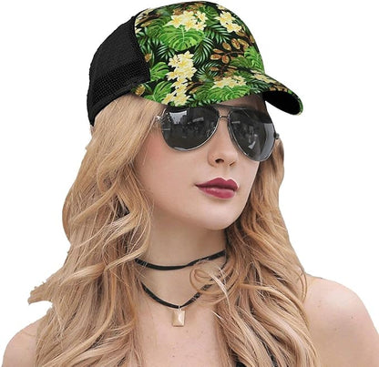 Tropical Pink Flowers Hats Women Men Hawaii Trucker Hat Adjustable Snapback Mesh Baseball Cap Hat