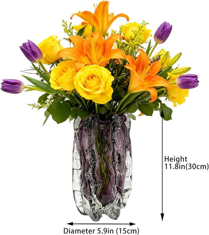 Blown Glass Bubble with Ruffled Edge Vase, Art Glass for Home Decor, Tall Vases for Centerpieces & Flowers, Crystal-Like for Bouquets & Pampas Grass, Vases Amber, Flower Bouquet Display (Purple, L)