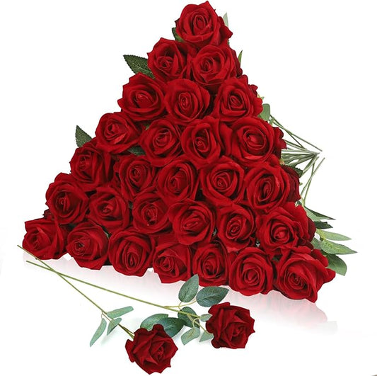 30pcs Fake Roses Artificial Silk Flowers Long Stems Bouquet for Wedding Bridal Shower Party Home Decoration (Burgundy)