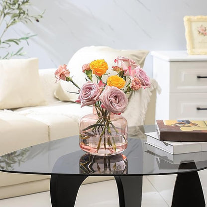 Pink Glass Vase, Short Flower Vase, Round Glass Vases for Flowers, 6 Inch Small Glass Vases for Living Room, Dining Table, Wedding, Bookshelf, Office, Coffee Table