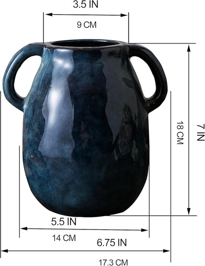 Blue Ceramic Vase with 2 Handles for Modern Farmhouse Home Decor, Vintage Rustic Decorative Vases, Small Vase for Fresh and Dried Flowers, Centerpiece Table Decorations, 7 Inch