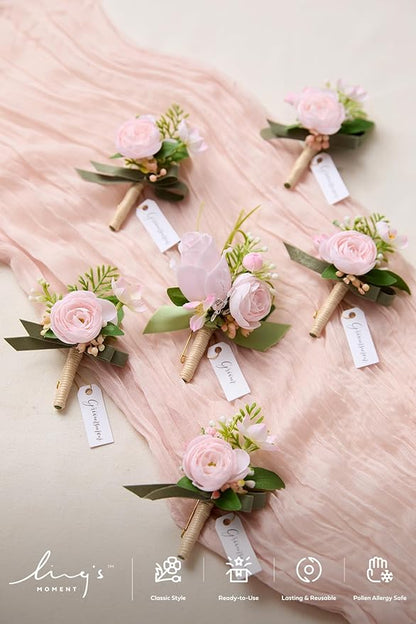 Ling's moment Boutonniere for Men, 6pcs Groom Groomsmen Boutonniere, Artificial Flowers for Wedding Decor/Prom/Homecoming, etc.Blush Pink