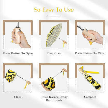 Cute Duck Umbrella Automatic - Compact Pretty Pocket Size Strong Duck Collapsible Umbrella Yellow Wooden Handle for Women