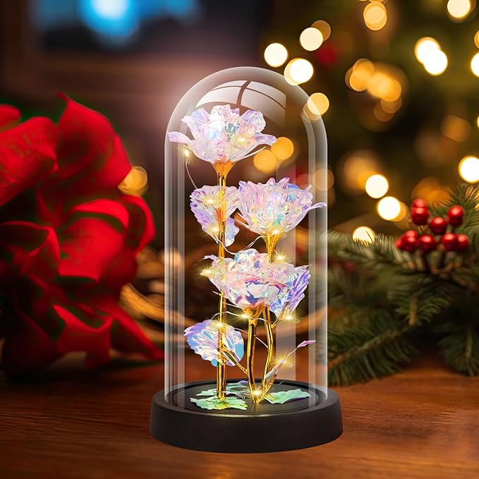 Mothers Day Glass Rose Gifts for Mom Women, Rose Flower Birthday Gifts for Women Mom Wife Girlfriend, Light Up Rose in A Glass Dome, Rose Gifts for Valentines, Mothers Day, Womens Day (Colorful)
