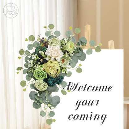Artificial Wedding Arch Flowers for Wedding Sign,Set of 2 for Wedding Welcome Ceremony Sign,Faux Floral Swags,Wedding, Banquet and Reception Backdrop Floral Decoration (Dark Green)