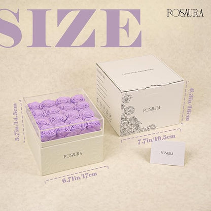 Rosaura Square Preserved Roses Gift Box - Real Forever Flowers in Clear Acrylic Lid, Valentine's for Women (Light Purple, 16 Roses)
