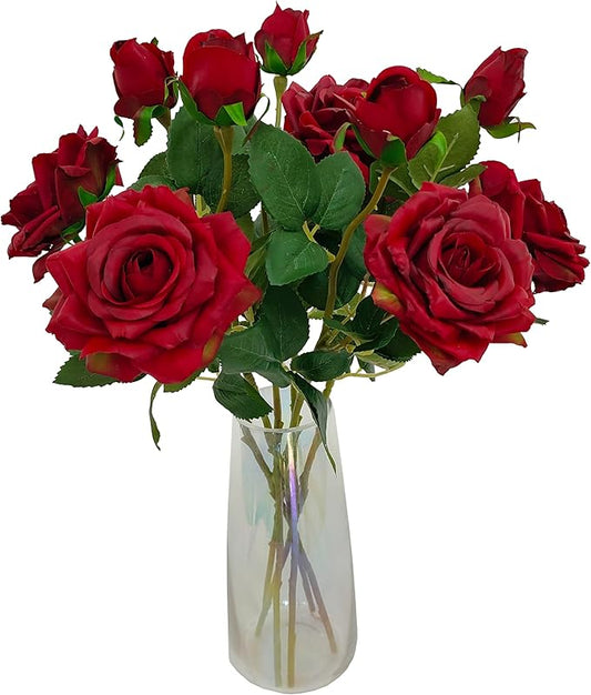 ATFL Fake Red Roses Flowers, 6 Pcs Faux Silk Real Touch Moisturizing Artificial Rose Flowers for Decoration DIY Wedding Party Home Office Decoration and Dining Table Centerpiece (6, red)