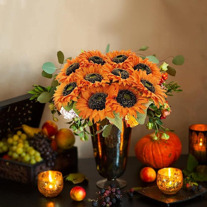 10 Pcs Sunflowers Artificial Flowers with Long Stems Silk Fake Large Sunflowers Bulk Bouquet Fall Decorations for Outdoor Indoor Home Vase Table Wedding Party Garden DIY Decor (Orange)
