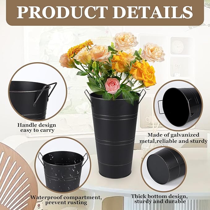Set of 8 12.8inch Black Rustic Vase, Galvanized Buckets for Party, Metal Flower Vase, Flower Holder, Bloom Bar Supplies, Floral Buckets (Black, 12.8inch Height, 8pcs)