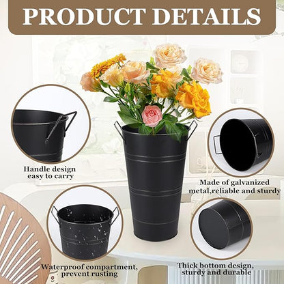 Set of 8 12.8inch Black Rustic Vase, Galvanized Buckets for Party, Metal Flower Vase, Flower Holder, Bloom Bar Supplies, Floral Buckets (Black, 12.8inch Height, 8pcs)
