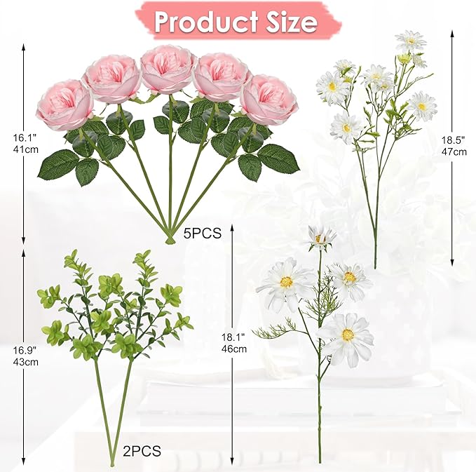 Peonies Artificial Flowers 9PCS Long Faux Pink Flowers Artificial Realistic Peony Daisies Silk Flower Arrangements 18.5" Fake Flowers for Vase Centerpiece Wedding Party Home Decor DIY Bridal Bouquet