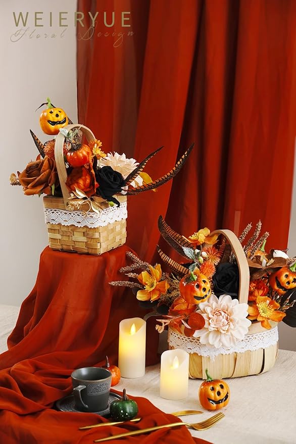 Halloween Decor Artificial Flowers Black Roses with Pumpkins, Box Set Fake Flowers for, Indoor and Outdoor Front Party Party Decorations (Halloween Pumpkins are Orange and Black)