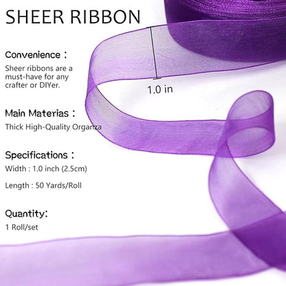 Purple Ribbon for Gift Wrapping, 1 inch 50Yard Sheer Organza Tulle Ribbon, Dark Purple Gifts Wrap Chiffon Ribbons for Crafts, Flower Bouquet, Wedding, Valentines Day, Mothers Day, Christmas