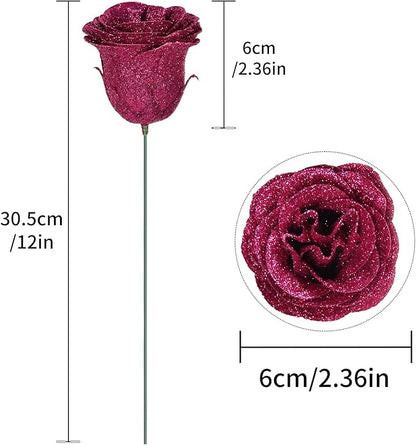 Glitter Flowers,30PCS Artificial Roses with Stems Silk Roses Artificial Flowers for Crafts Wedding Bouquet Home Decoration(Rose Red)