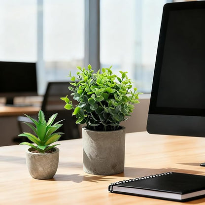 Artificial Potted Plants Faux Greenery in Cement Pots for Shelf, Bookshelf, Office or Home Decor, Small Decorative Fake Plants for Modern Indoor Display (9, XXXL)