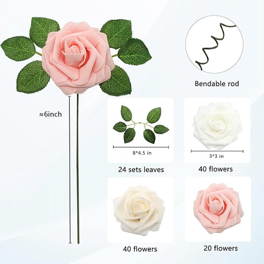 JOYLEX Artificial Flowers Realistic Roses, Real Looking Fake Roses with Stem for DIY Wedding Bouquets Centerpieces Bridal Shower Party Home Romantic Decorations (White/Cream/Light Pink, 100pcs)