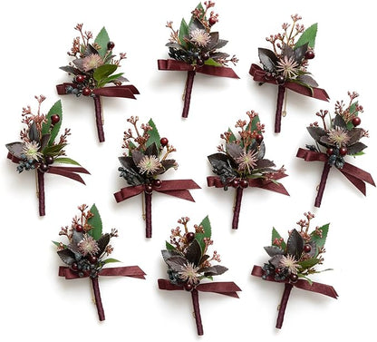 Ling's Moment Boutonniere for Men, 10pcs Groomsmen Guest Boutonniere, Artificial Flowers for Wedding Décor/Prom/Homecoming,etc.Black Baccara Burgundy