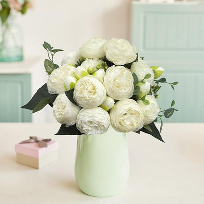 Artificial Peony Flowers, 4Pcs Silk Peonies Fake Peony Bouquets for Home Wedding Office Party Decor (White)