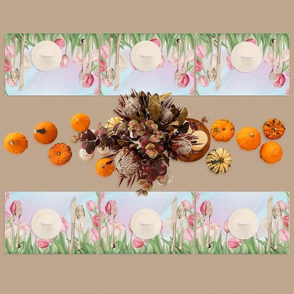 PVC Placemats Set of 6 Flower Tulip Pink Wipeable Table Mats Washable Heat Resistant Non Slip Vinyl Dining Table Mat for Kithen Indoor Outdoor Patio Farmhouse Place Mats Decorative