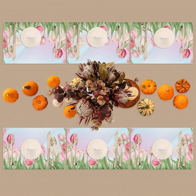 PVC Placemats Set of 1 Flower Tulip Pink Wipeable Table Mats Washable Heat Resistant Non Slip Vinyl Dining Table Mat for Kithen Indoor Outdoor Patio Farmhouse Place Mats Decorative