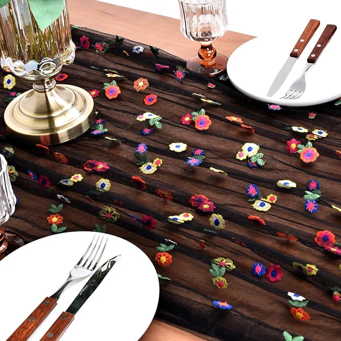 Joanlody Black Embroidery Daisy Christmas Table Runner 10ft Florals Seasonal Tulle Table Runner Holiday Kitchen Dining Table Decoration for Home Party Indoor