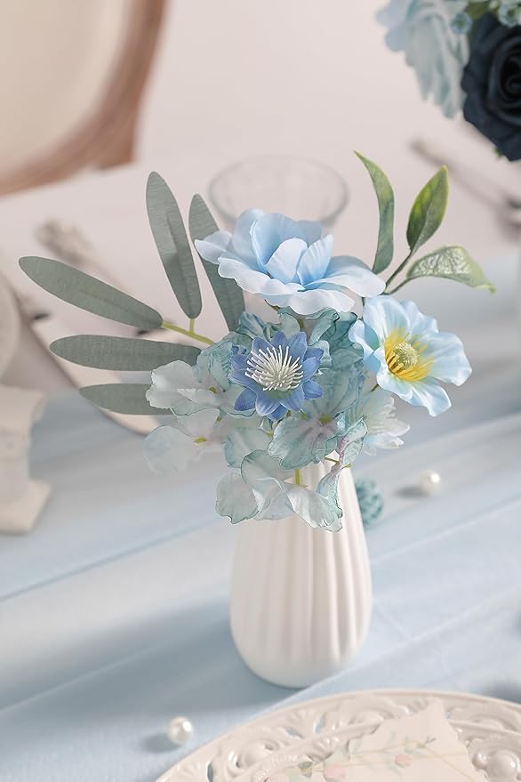 Artificial Flowers Blue Box Set for DIY Bridal Bouquets Wedding Shower Decorations Fake Floral Arrangements for Party Table Centerpieces Home Decor Indoor Outdoor