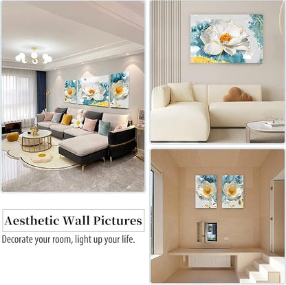 SERIMINO Peony Flower Canva Wall Art for Living Room, Modern White Blossom Artwork Blue Floral Picture Wall Decor for Bedroom Bathroom Kitchen Dining Room Prints Paintings for Home