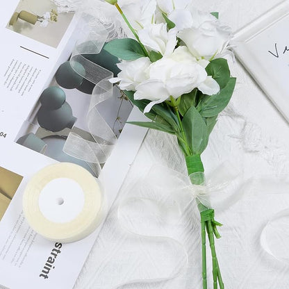 Ivory Ribbon for Gift Wrapping 1 inch Sheer Organza Ribbon for Flower Bouquet Tulle Thin Chiffon Ribbons for Wedding Invitations Presents Decorations Crafts 50 Yards