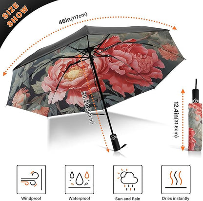 Automatic Folding Umbrella Windproof Strong, UV Protection Compact Floral Hydrangea Hummingbird Sun Rain Sun Rain Travel Umbrellas for Women Men