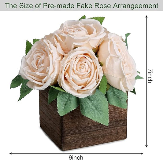 Dining Table Centerpiece Set of 3 - Pre-Made Aritifial Rose with Wooden Vase Fake Floral Arrangment Faux Flower for Wedding Bridal Tea Party Event Decorations - Champagne