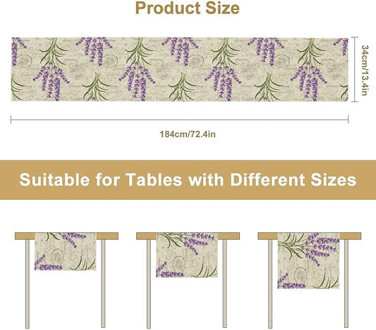 Floral Lavender Table Runner,Vintage Rustic Country Romantic Purple Flower Pattern Print Burlap for Hotel Indoors Outdoor Dining Room Kitchen Home Decor, 13x90in
