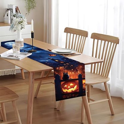 Halloween Witch & Full Moon Table Runner – 13x72 Inch Spooky Halloween Decor with Witch Silhouette and Moon Design, Durable Linen-Look Fabric for Dining Tables & Parties