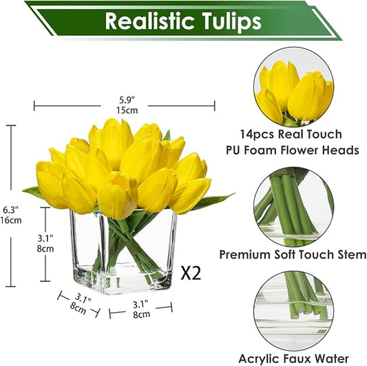 DILATATA Artificial Yellow Tulips in Vase with Faux Water 5.5" Real Touch Flowers Fake Tulips Small Flowers Arrangement in Cube Glass Vase for Mother's Day Table Centerpiece Wedding Home Decor 2 Pack